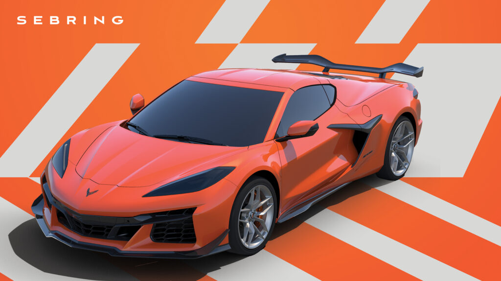 Image of a 2025 Corvette Z06 in Sebring Orange Tintcoat Metallic with 10-spoke wheels in Pearl Nickel.