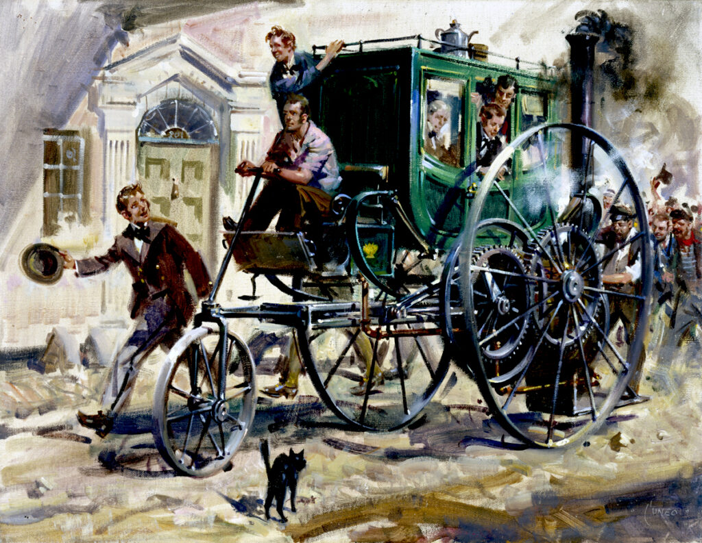 Painting. [Richard Trevithick's London Road Carriage] / by Terence Cuneo, nd. [c1967-?].  Oil on canvas; 35.5x46cm in frame 50x60.5x6cm.  Signed br.  Framed to artist's taste c1960s.   A nostalgia scene, the carriage in steam bowling along, a merry throng waving hats following behind; cat and mouse in spat centre. Some technical inaccuracy in possible inability of passengers to enter carriage as wheels drawn close to carriage body.